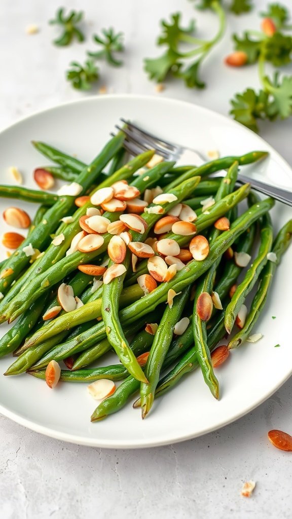 A plate of garlic green beans almondine topped with slivered almonds and fresh herbs.