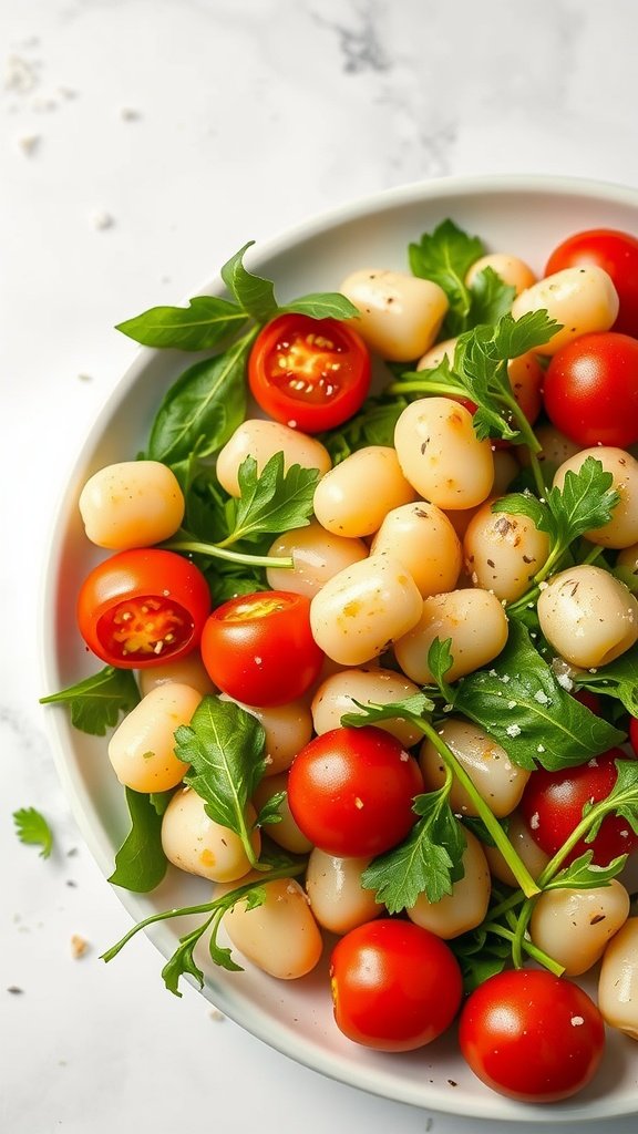 A bowl of gnocchi salad with arugula and cherry tomatoes