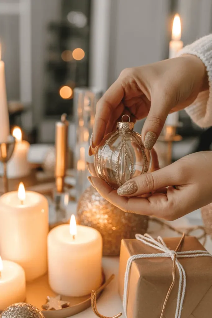 Gold foil and fine glitter nails holding a glass ornament or wrapped gift. Luxurious party setting with candles and gold decor.