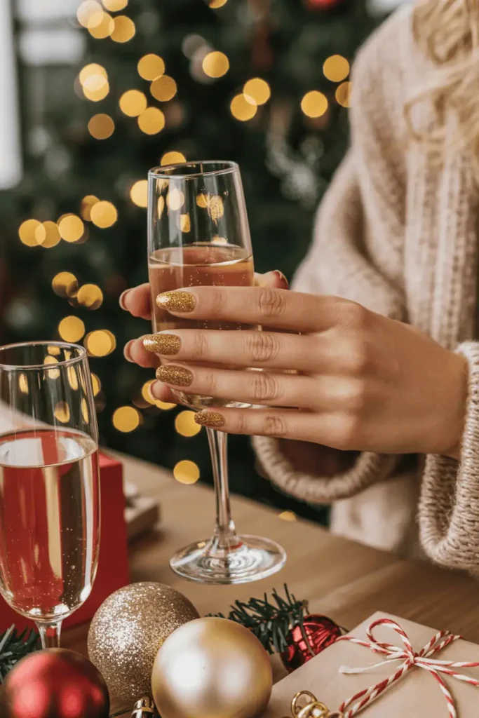 Gold glitter nails with full sparkle finish, holding a champagne glass near golden bokeh lights, elegant evening setup.