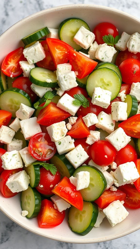 A vibrant Greek salad with cucumbers, tomatoes, and feta cheese.