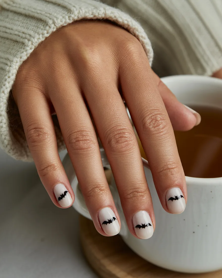 Short milky white nails with a tiny black bat on each nail, resting beside a cup of tea