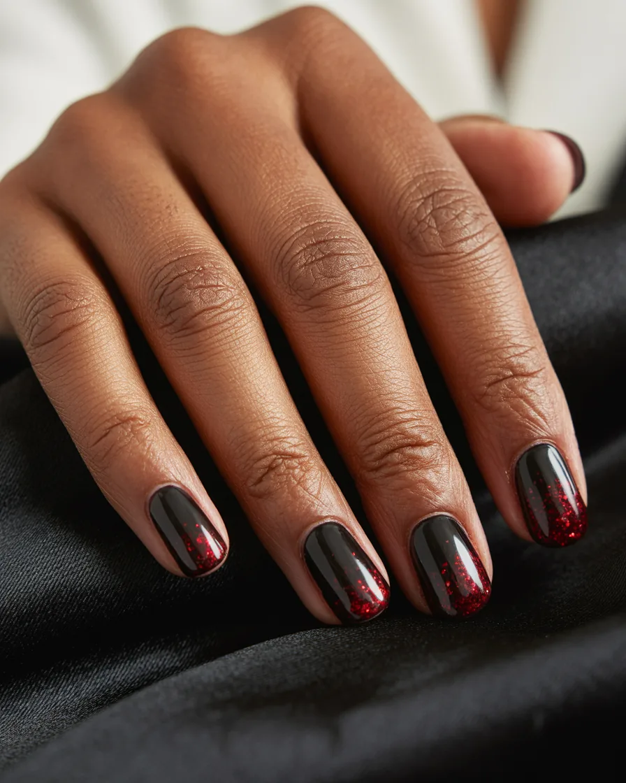 Short oval glossy black nails with red glitter fading up from the tips, resting on black satin