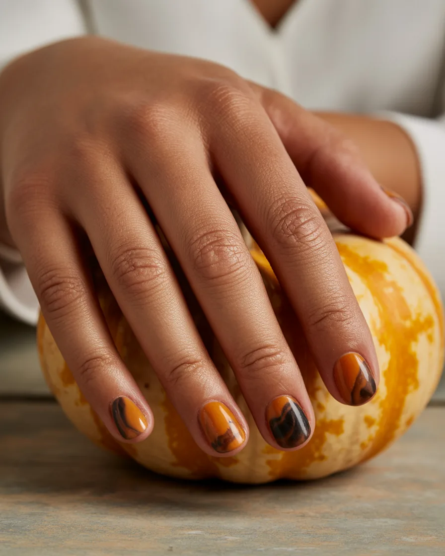 Short round nails in burnt orange and black marble swirls, resting on a small pumpkin