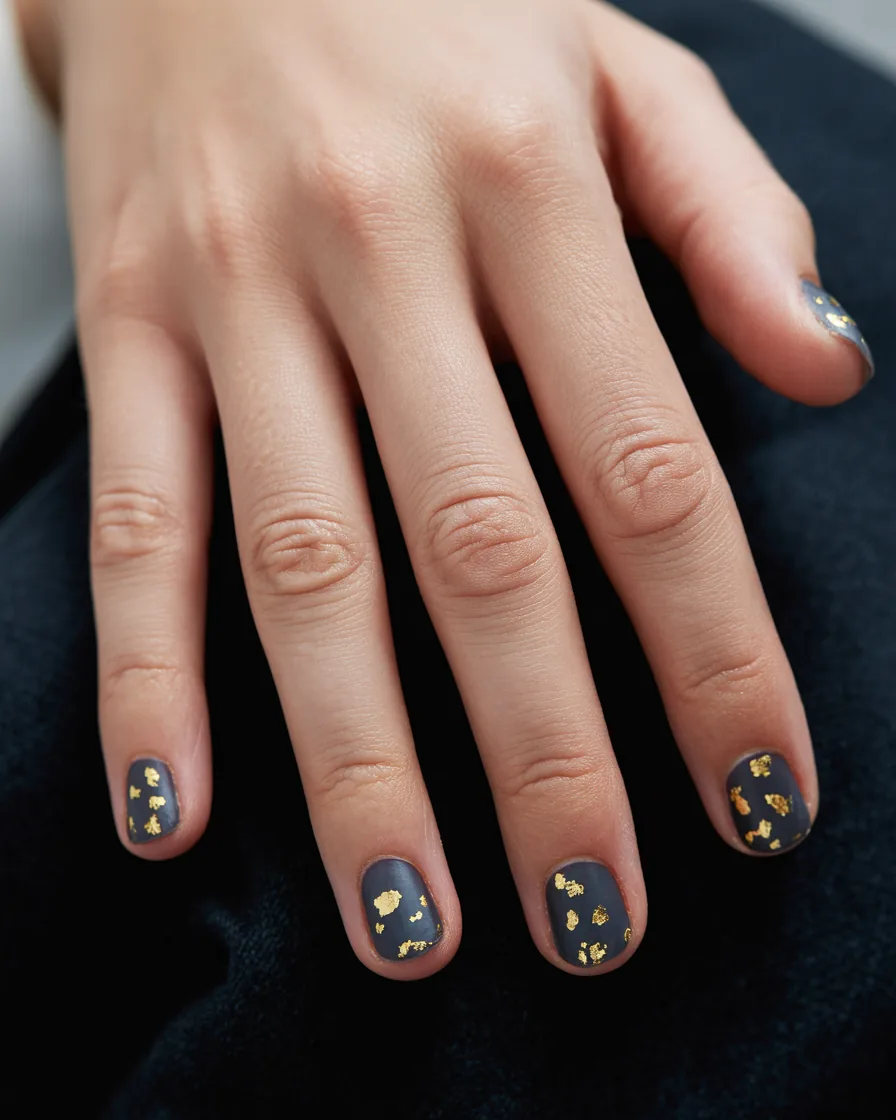 Short round matte charcoal nails with scattered gold foil flakes, on dark fabric