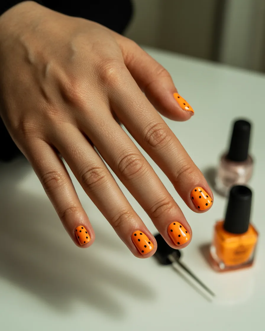 Short round bright orange nails with small black polka dots, beside nail polish bottles and a dotting tool