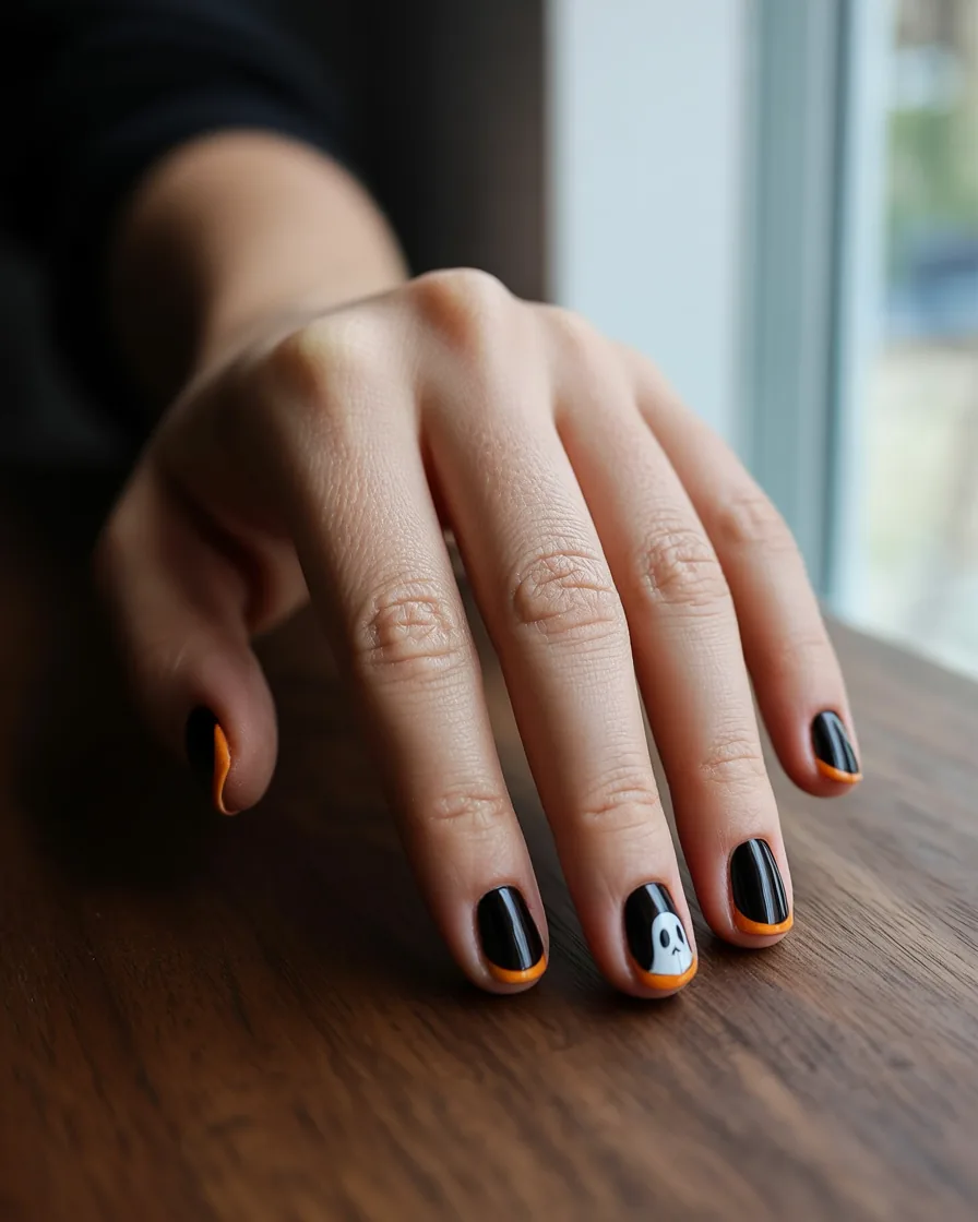 Short glossy black almond nails with thin orange French tips and a tiny white ghost on the ring finger