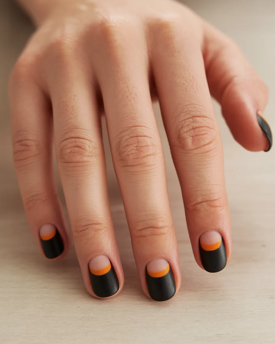 Short round black nails with a nude half-moon at the cuticle edged with a thin orange line