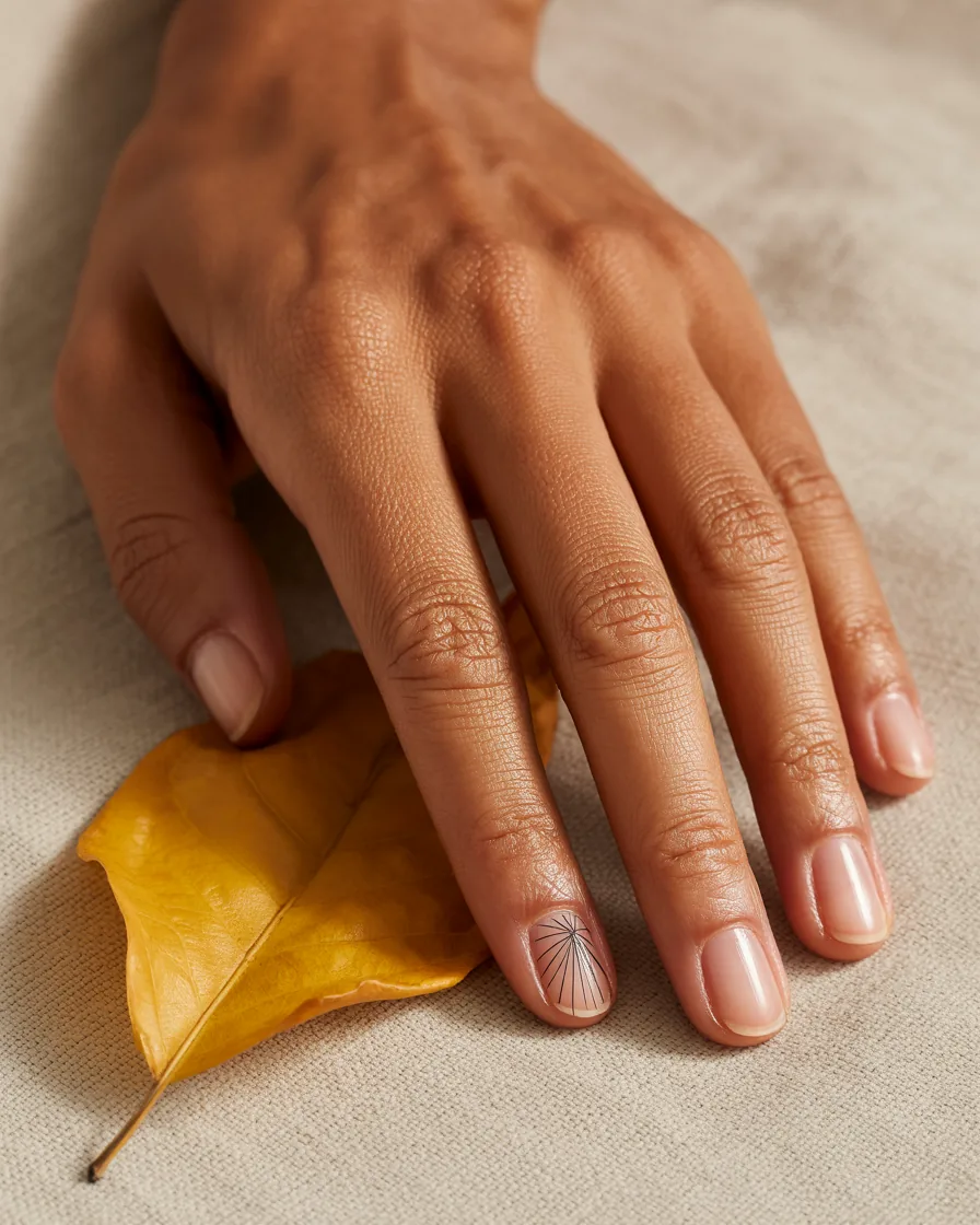 Short sheer nude nails with a single fine black spiderweb on the ring finger, on a linen surface with a dried leaf