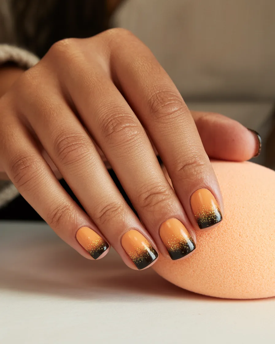 Short square nails with an orange to black gradient and fine gold glitter, resting on a makeup sponge