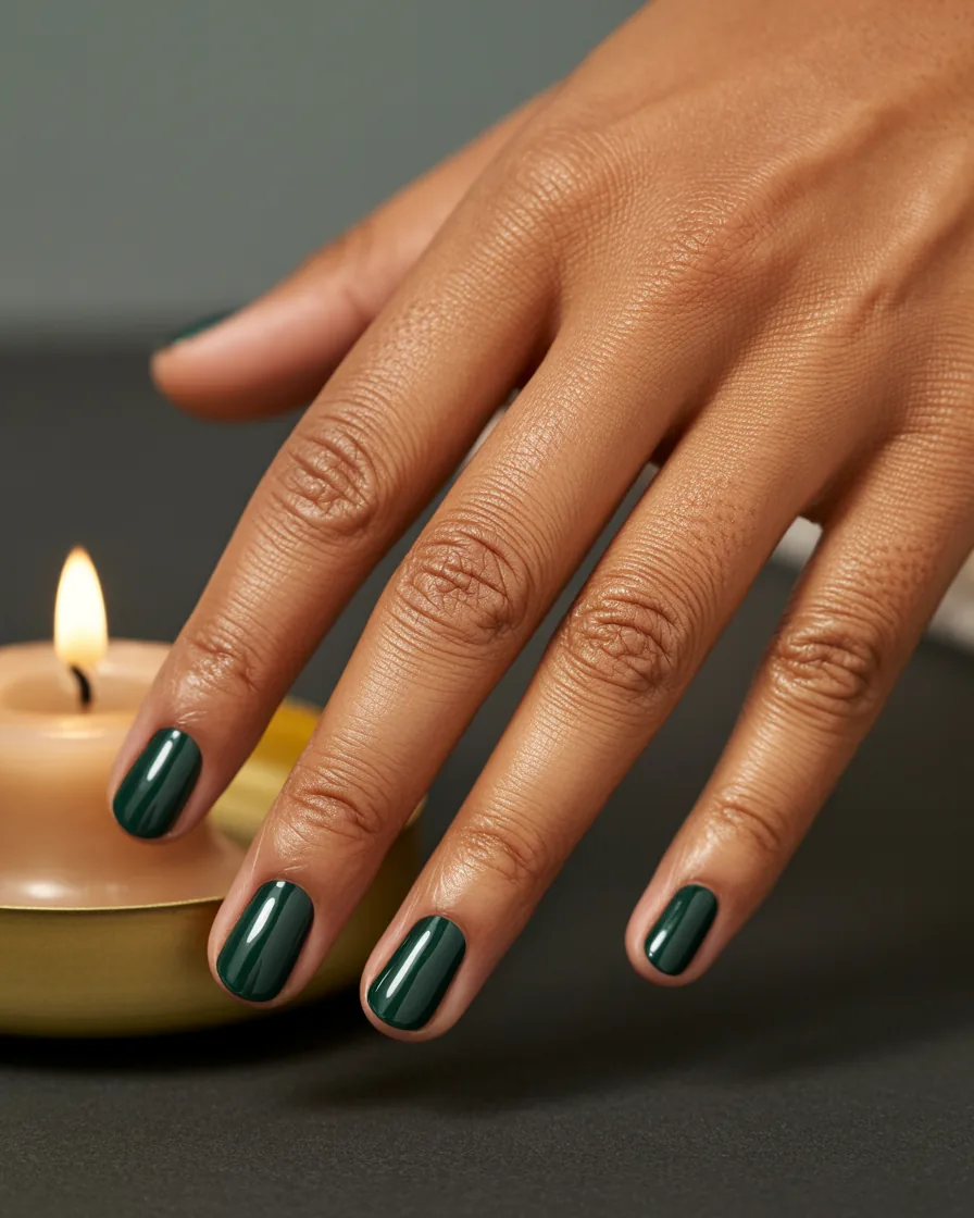 Short oval nails in dark emerald green cat-eye polish with a shimmering vertical line, beside a lit candle