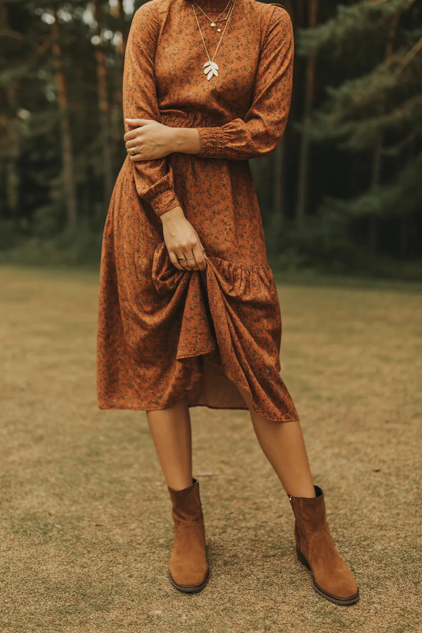 Woman from the neck down in a rust printed midi dress with brown suede ankle boots and a gold leaf necklace in a field