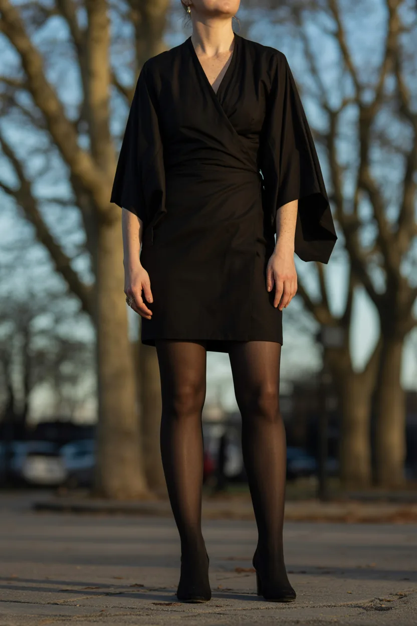 Woman from the collarbone down in a black wrap mini dress with wide kimono sleeves, sheer tights and heeled boots under bare trees