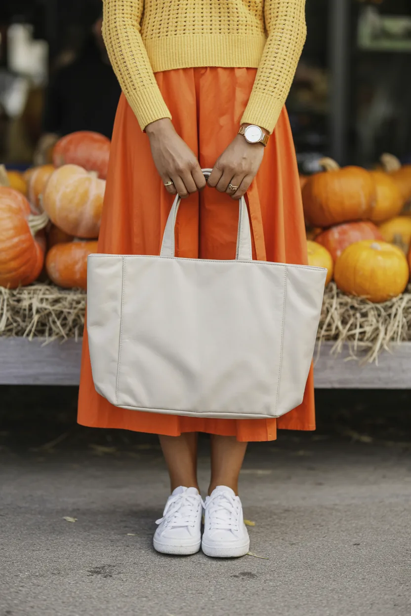 Woman from the neck down in a yellow knit sweater, an orange midi skirt and white sneakers, holding a cream tote in front of pumpkins