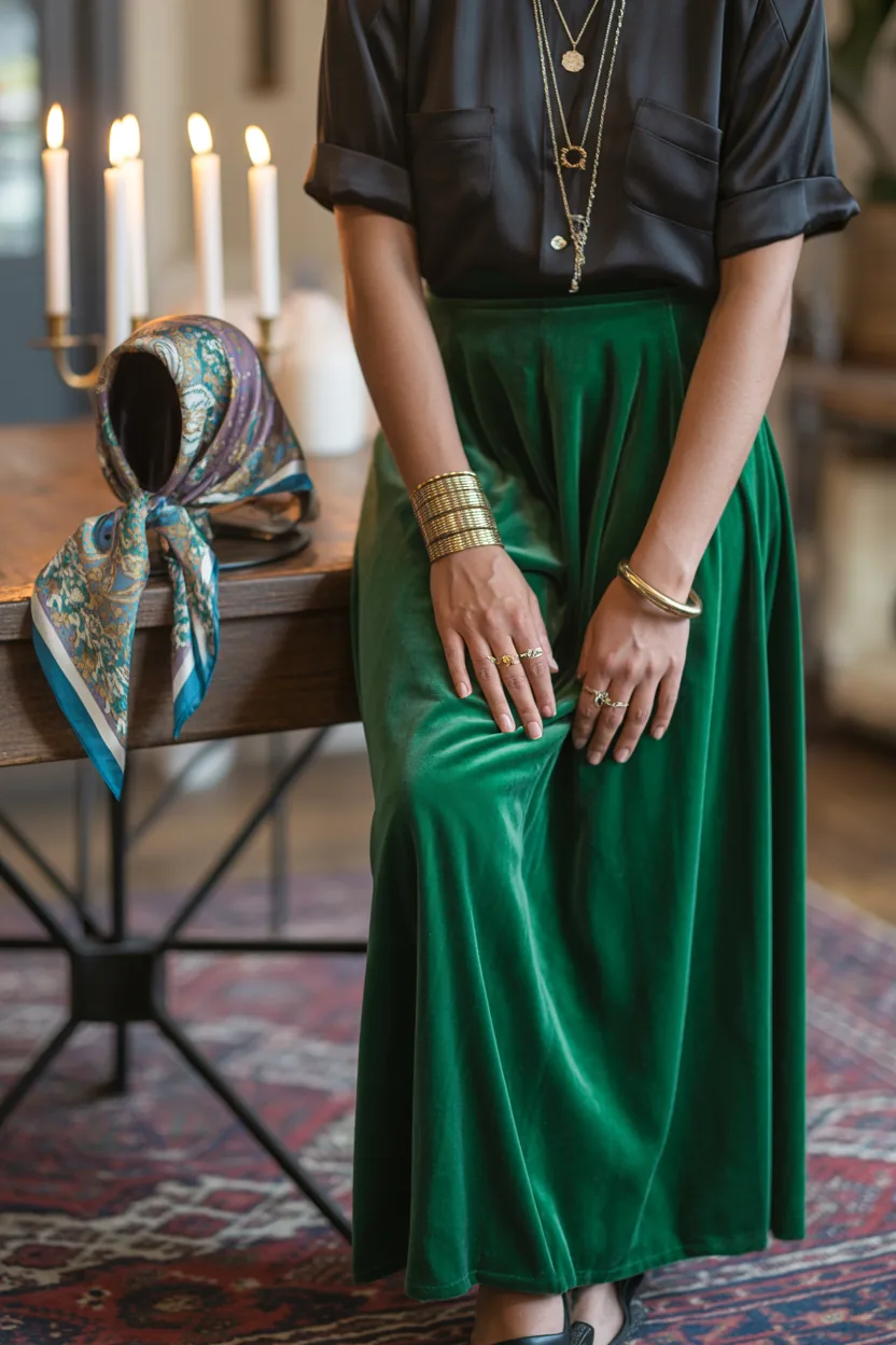 Woman from the neck down in a green velvet maxi skirt and black blouse with layered gold necklaces and bangles, with a silk scarf on a table beside her