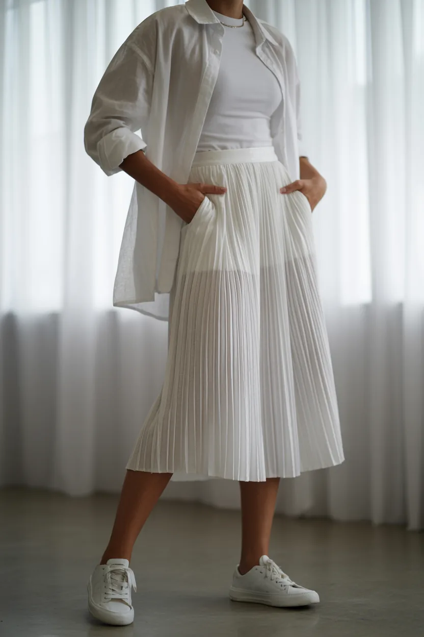 Woman from the neck down in an oversized white shirt worn open over a white top, a white pleated midi skirt and white sneakers