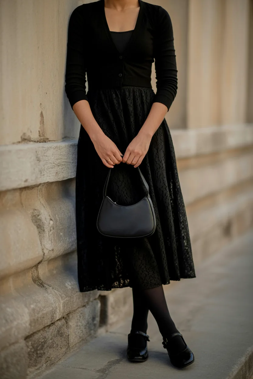 Woman from the neck down in a black lace midi dress with a cropped cardigan, tights and Mary Jane shoes