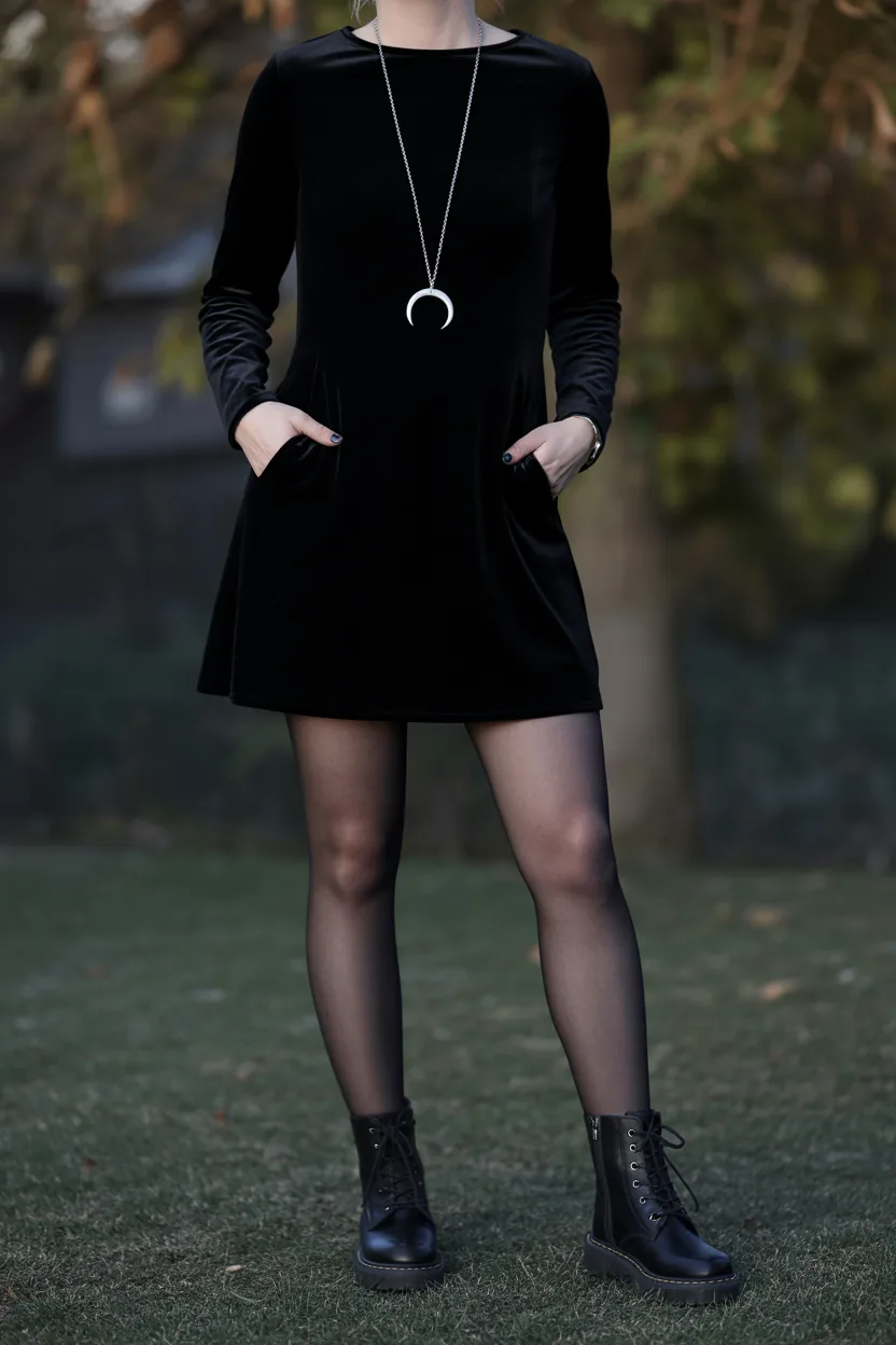 Woman from the neck down in a black velvet mini dress with sheer tights, lace-up boots and a silver moon pendant