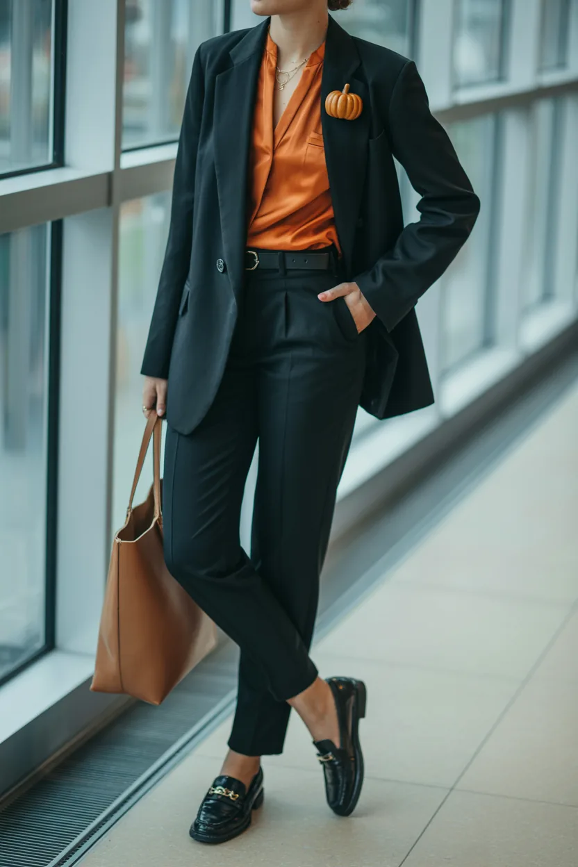 Woman from the neck down in a black blazer over an orange silk blouse with black trousers and loafers and a small pumpkin brooch