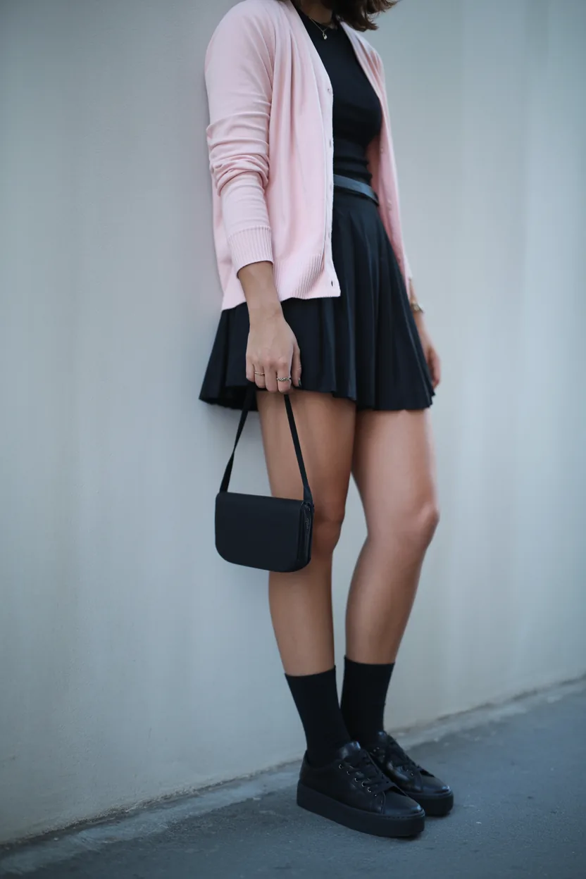 Woman from the neck down in a baby-pink cardigan, black pleated mini skirt, knee socks and platform sneakers