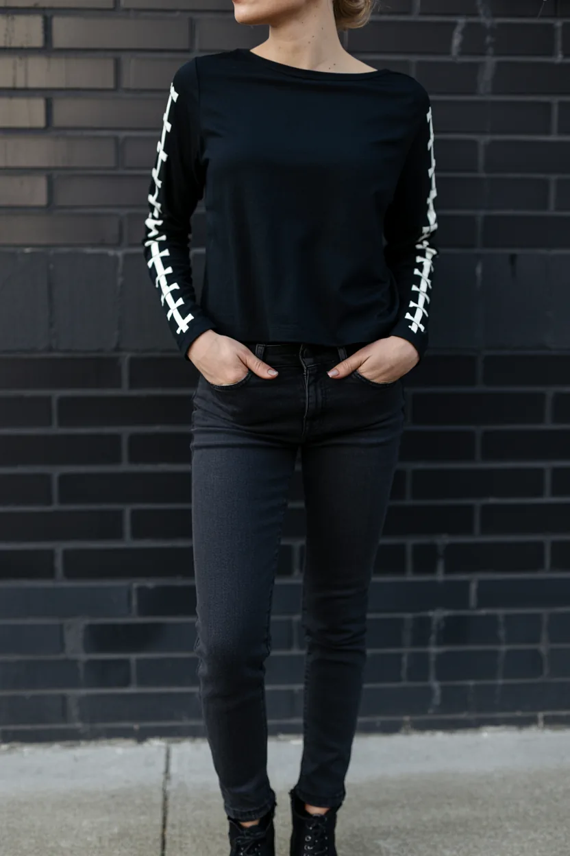 Woman from the neck down in a black long-sleeve top with white bone lines on the sleeves and black jeans, hands in pockets, against a black brick wall