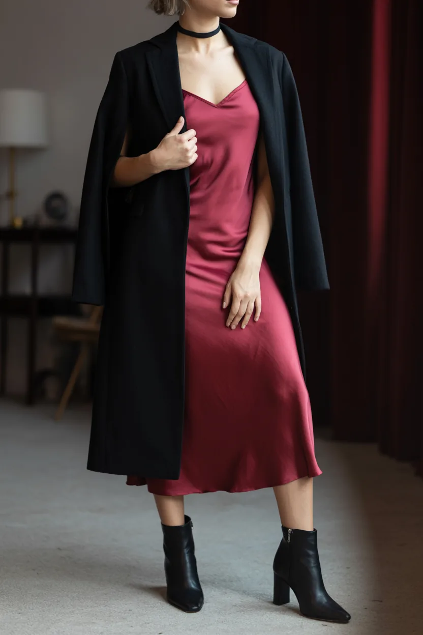 Woman from the neck down in a burgundy satin slip dress under a long black coat with heeled boots