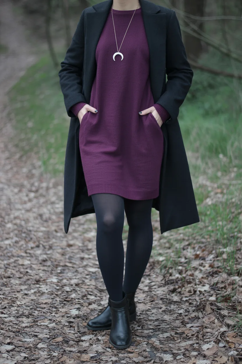 Woman from the neck down in a plum knit dress with black tights, ankle boots, a long black coat and a crescent moon necklace