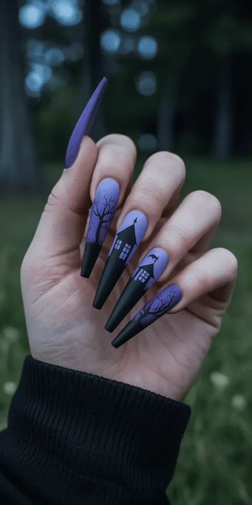 Bring a little story to your manicure with haunted houses, moons, and trees silhouetted on an ombrรฉ sky. It's like having Halloween night on your fingertips.