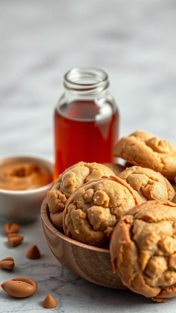 A bowl of peanut butter cookies with a jar of natural sweetener and a bowl of peanut butter.