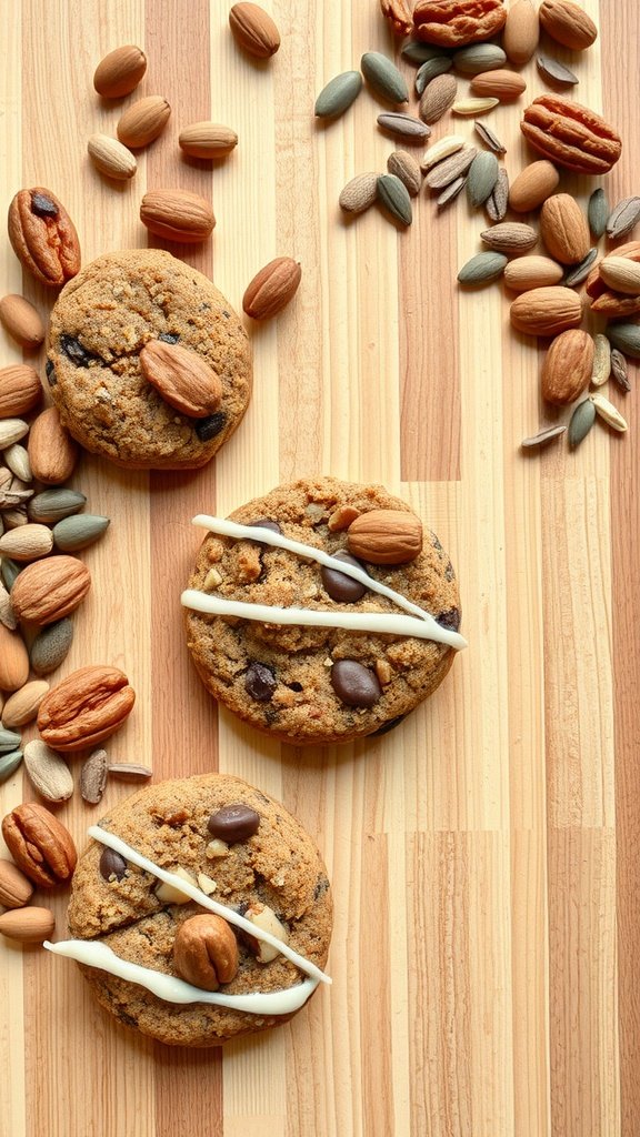 A close-up of healthy no bake energy cookies with nuts and seeds scattered around.