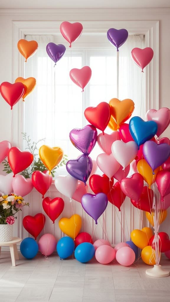 A display of colorful heart-shaped balloons in various sizes.