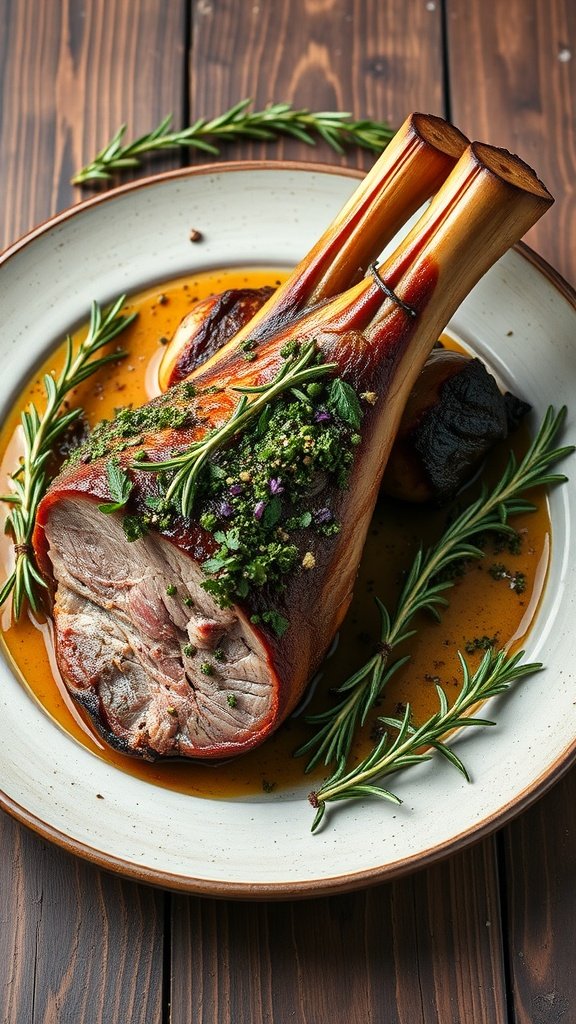 A herb-crusted rack of lamb on a plate with fresh herbs
