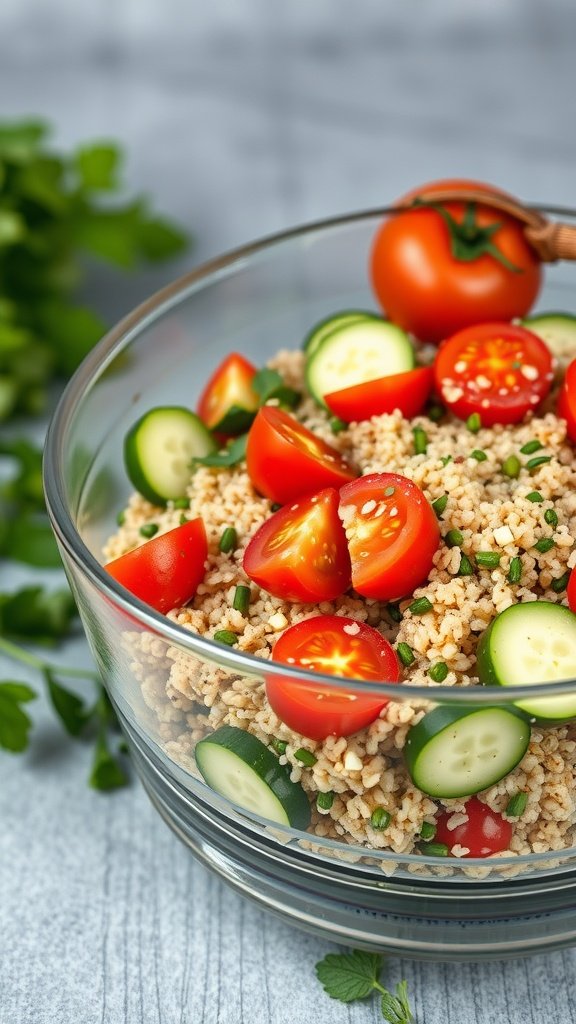 A colorful bowl of herbed quinoa salad with cherry tomatoes and cucumber slices.