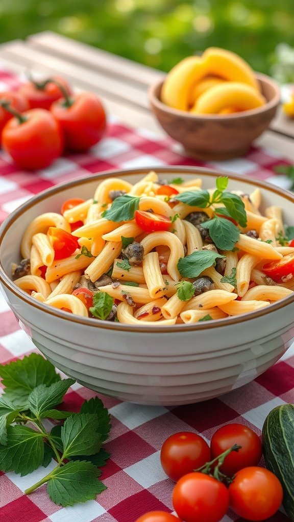 A colorful bowl of homemade pasta salad with fresh tomatoes and herbs, surrounded by other picnic foods.