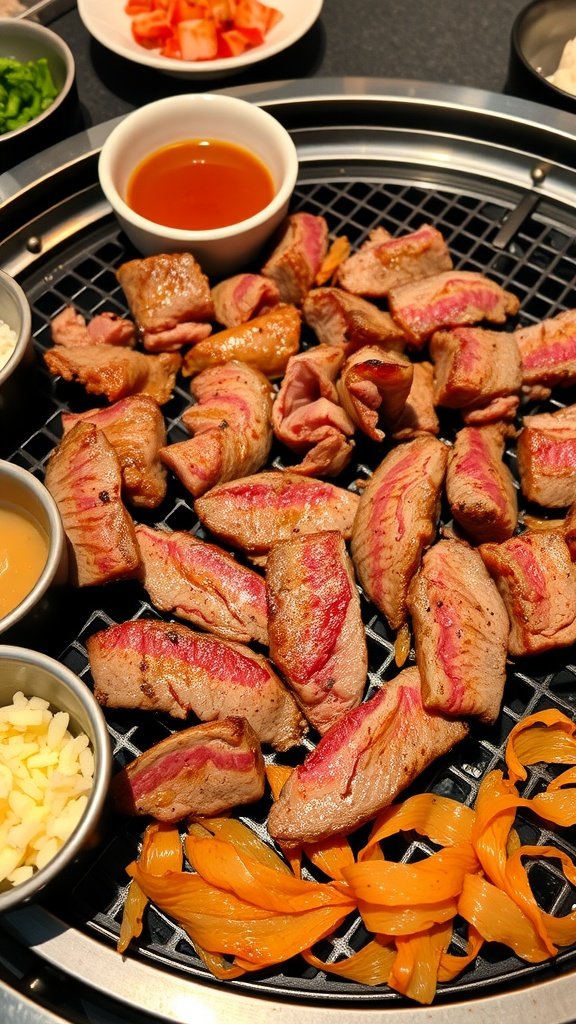 Grilled bulgogi beef on a BBQ grill with dipping sauces and sides.