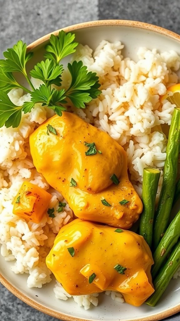 A plate of lemon chicken served with white rice and green beans, garnished with parsley.