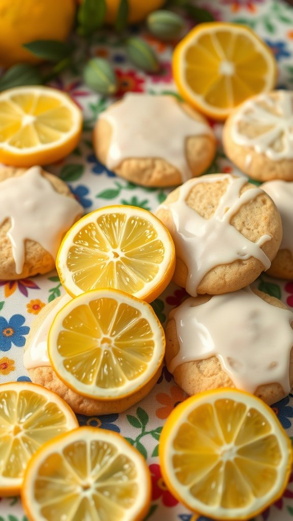 Lemon zest cookies with lemon slices on a colorful floral tablecloth