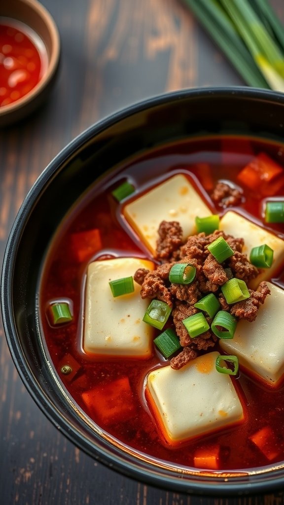 Bowl of Mapo Tofu with spicy sauce, topped with ground meat and green onions.