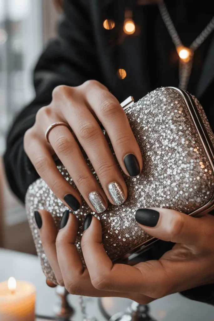 Matte black nails with silver glitter overlay, holding a metallic clutch or sparkly jewelry. Dark elegant party atmosphere.