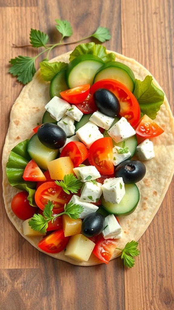 A Mediterranean Veggie Wrap filled with fresh vegetables, feta cheese, and herbs