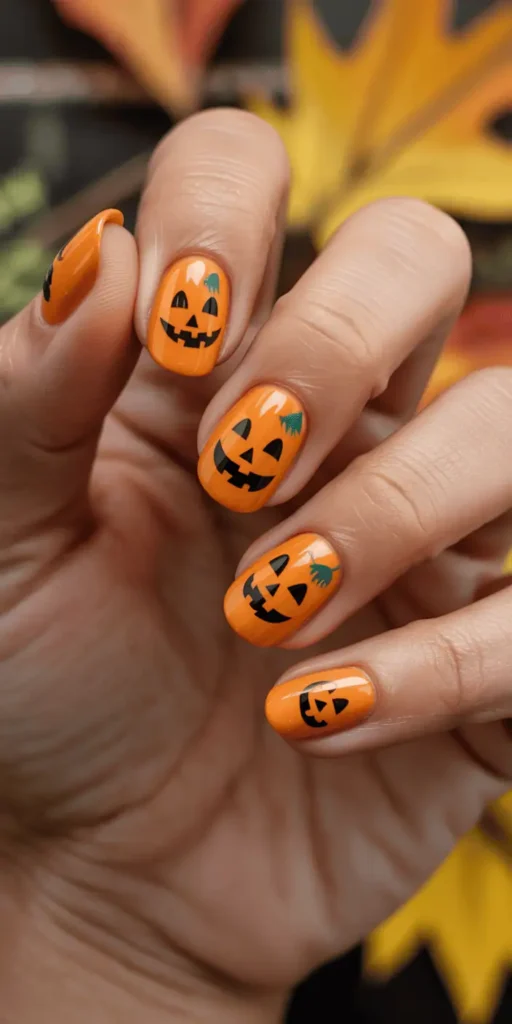 Classic but never boring, pumpkin designs on vibrant orange nails deliver full fall vibes. Mix jack-oโ-lantern faces with plaid or leaf patterns for variety.