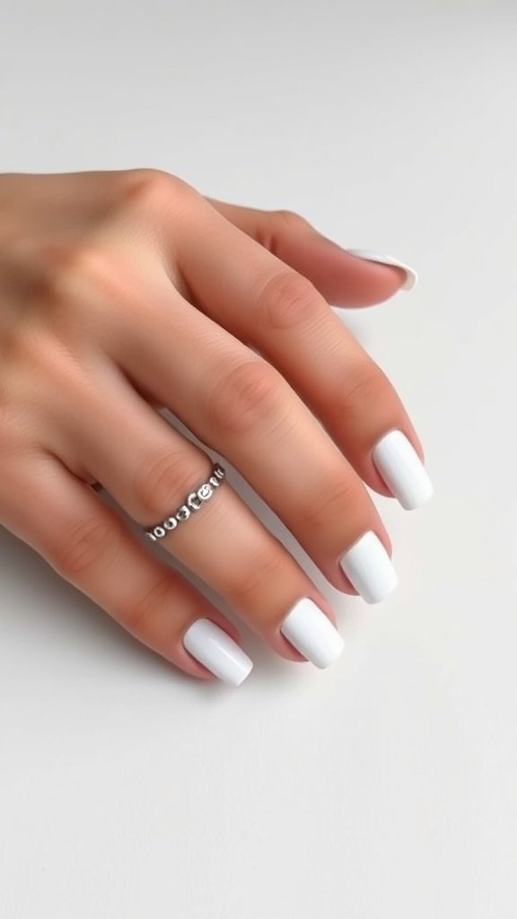 Minimalist white nails with a glossy finish and a silver ring