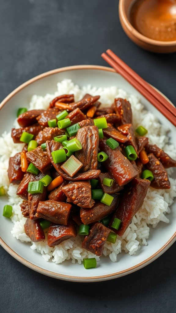 A plate of Mongolian Beef with Green Onions served over rice.