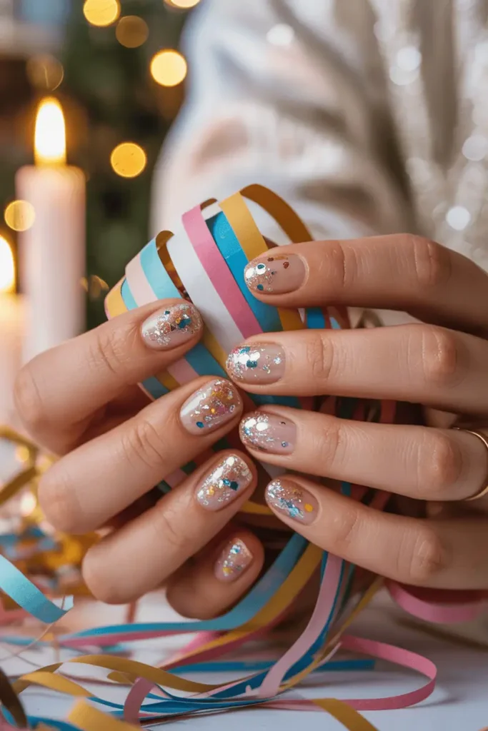 Multicolor glitter nails holding party confetti or streamers. Fun, energetic New Year’s celebration vibe.