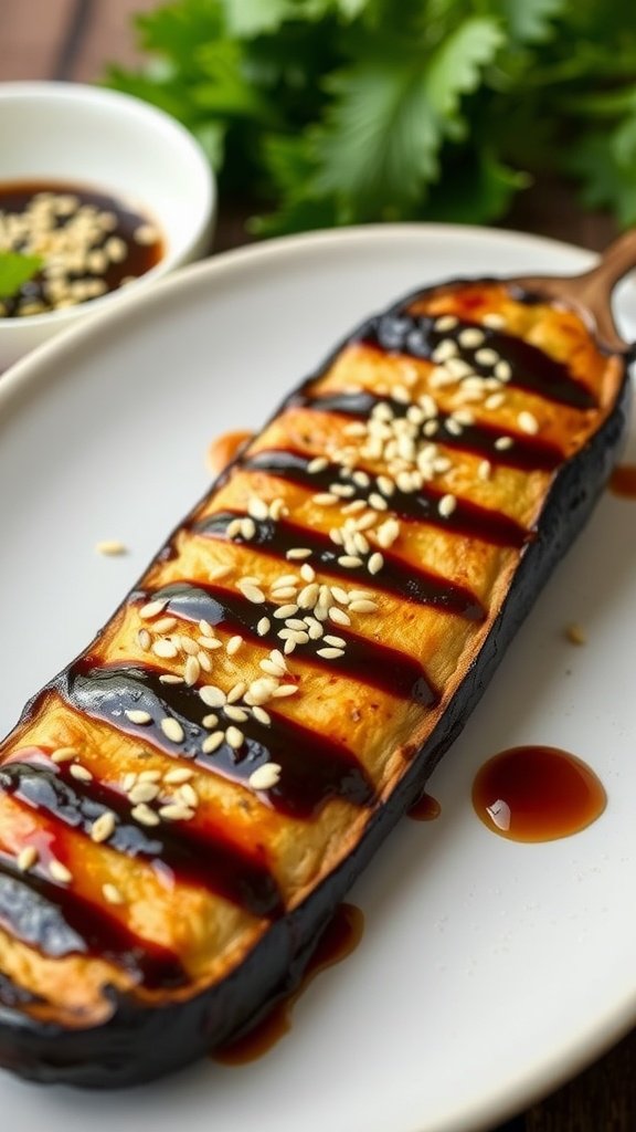 Miso glazed eggplant with sesame seeds on a plate, garnished with sauce and herbs.