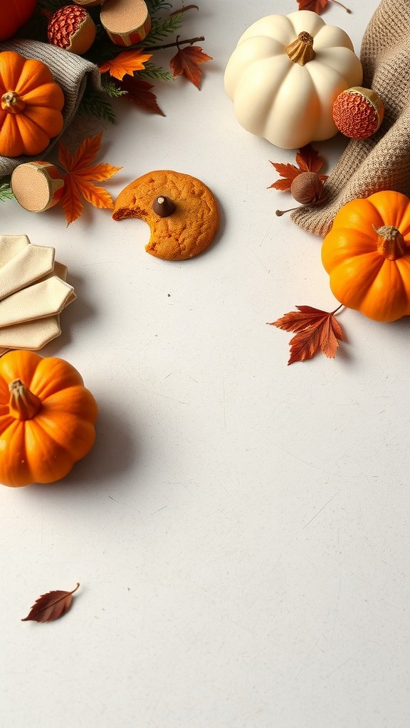 A flat lay of no bake pumpkin spice cookies surrounded by small pumpkins and autumn leaves.