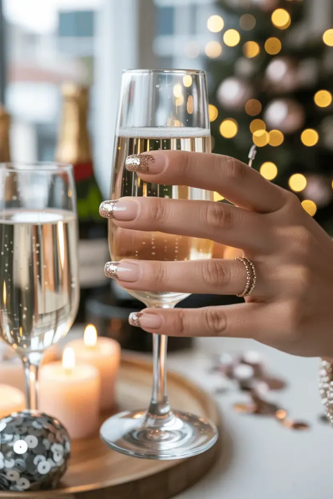Nude nails with champagne glitter tips holding a glass of bubbly champagne, blurred lights and sequins in background.