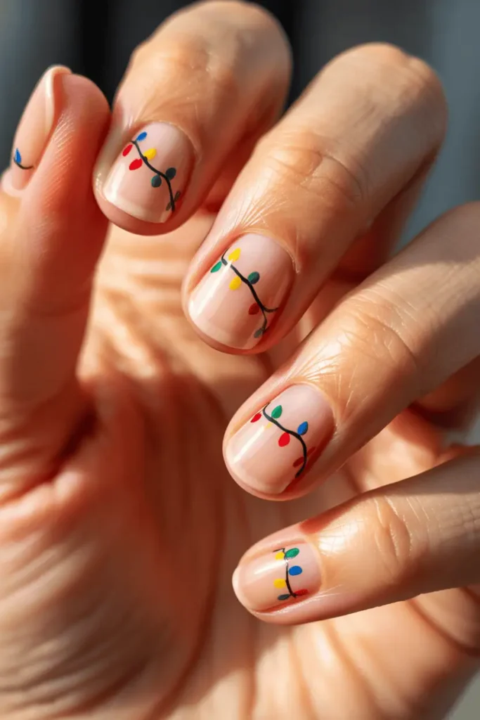 nude nails with colorful Christmas light bulbs on black wire, bright red yellow blue green bulbs glowing effect, cozy holiday background, warm Christmas lighting, realistic hands