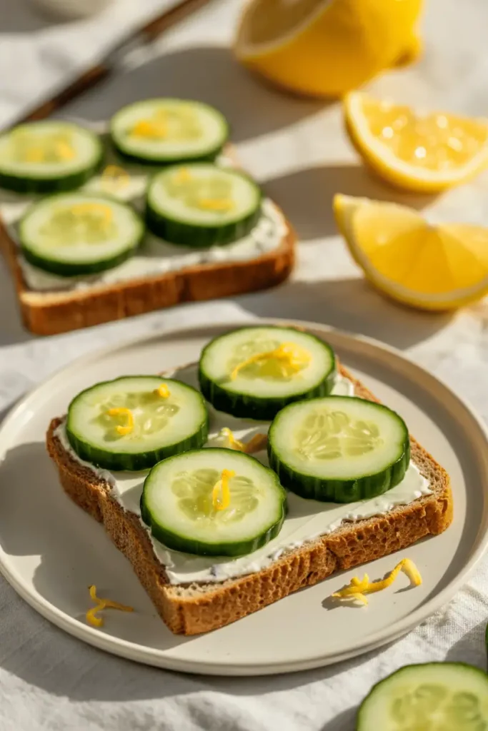 “open-faced cucumber and cream cheese sandwiches on whole grain bread, thin cucumber slices, light lemon zest, fresh minimal styling, bright spring daylight, clean lunch table, professional food photography, photorealistic, no text, vertical 2:3”