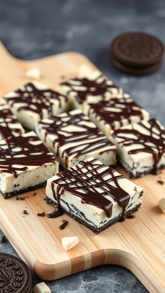 A wooden board with Oreo cheesecake bars drizzled with chocolate